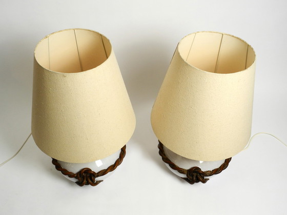 Image 1 of Two beautiful giant Italian mid century white ceramic table lamps with original shades