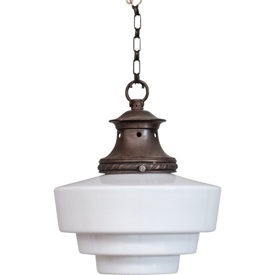 Image 1 of Lampada a sospensione vintage in ottone e vetro opalino, Francia anni '50