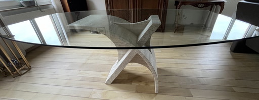 Herakles Glass Dining Table With Foot From Natural Travertine