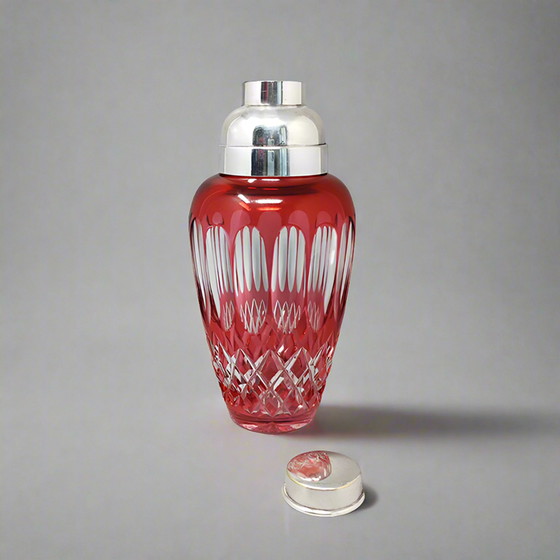 Image 1 of 1960s Gorgeous Red Bohemian Cut Crystal Glass Cocktail Shaker. Made in Italy