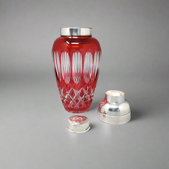 Image 1 of 1960s Gorgeous Red Bohemian Cut Crystal Glass Cocktail Shaker. Made in Italy