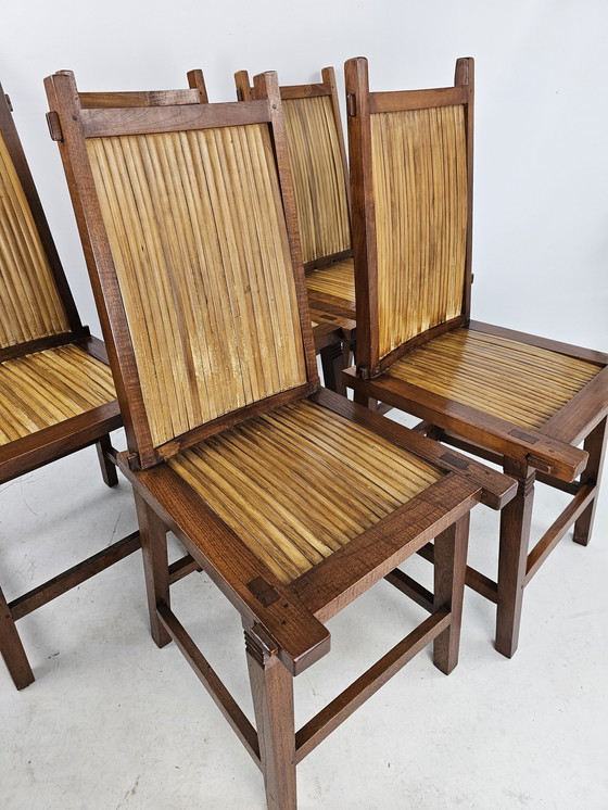 Image 1 of 5 chaises en bois Japandi avec assise en bambou