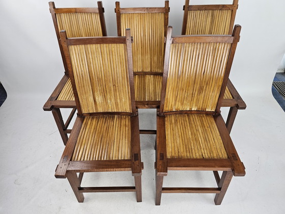 Image 1 of 5 chaises en bois Japandi avec assise en bambou