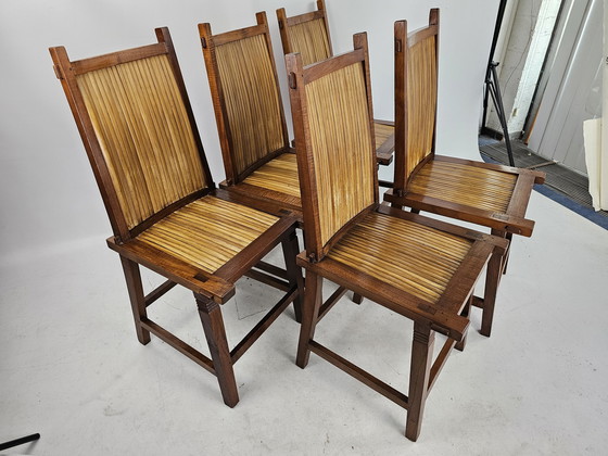 Image 1 of 5 chaises en bois Japandi avec assise en bambou