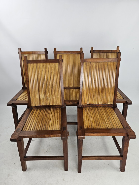 Image 1 of 5 chaises en bois Japandi avec assise en bambou