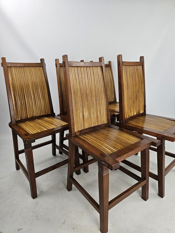 Image 1 of 5 chaises en bois Japandi avec assise en bambou