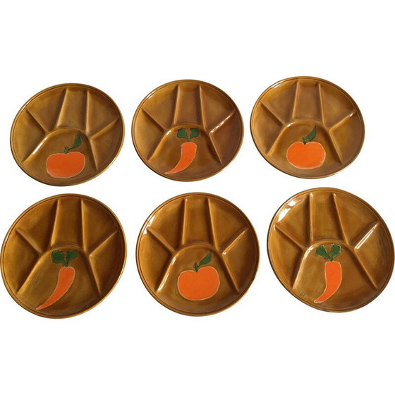 Image 1 of Set of 6 vintage enameled earthenware compartmentalized plates, 1970