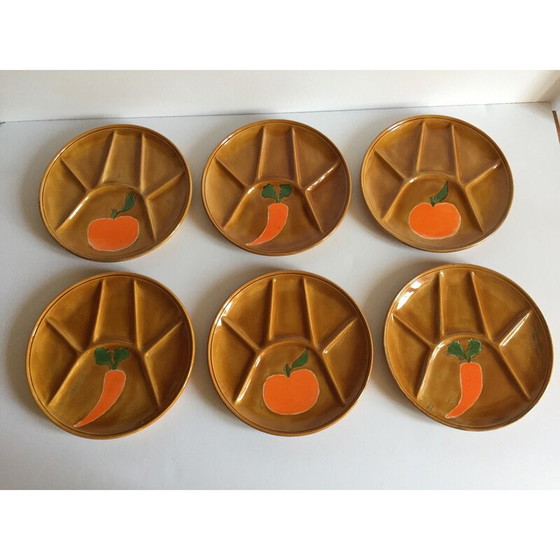 Image 1 of Set of 6 vintage enameled earthenware compartmentalized plates, 1970