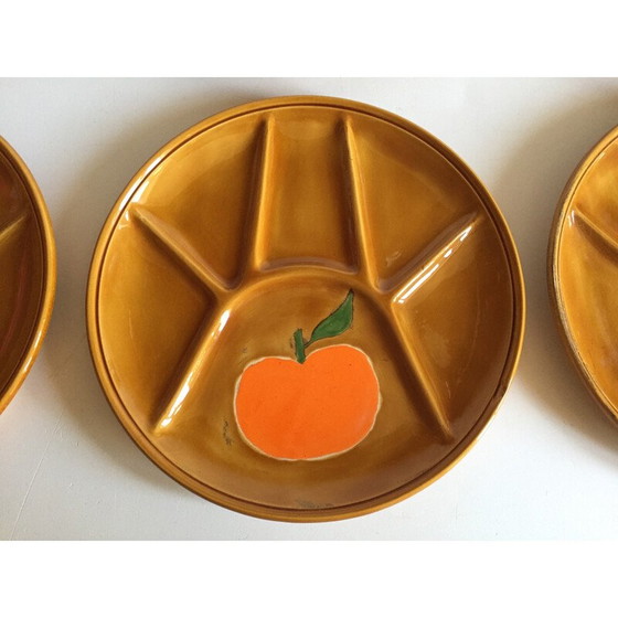 Image 1 of Set of 6 vintage enameled earthenware compartmentalized plates, 1970