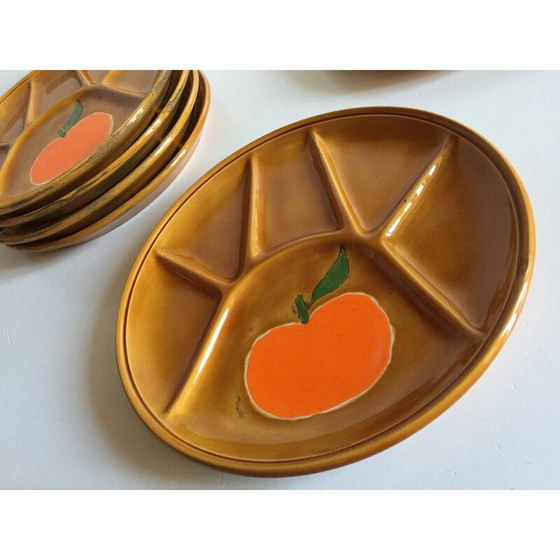 Image 1 of Set of 6 vintage enameled earthenware compartmentalized plates, 1970