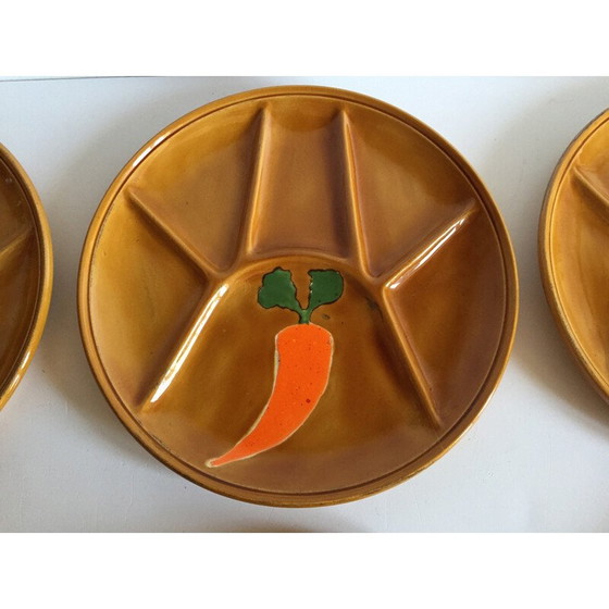Image 1 of Set of 6 vintage enameled earthenware compartmentalized plates, 1970