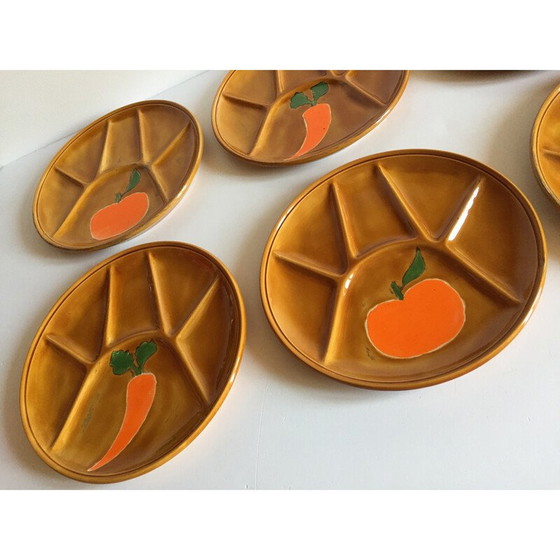 Image 1 of Set of 6 vintage enameled earthenware compartmentalized plates, 1970