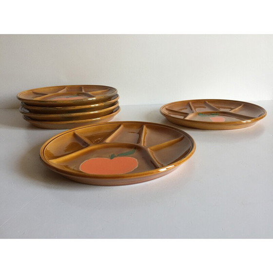 Image 1 of Set of 6 vintage enameled earthenware compartmentalized plates, 1970