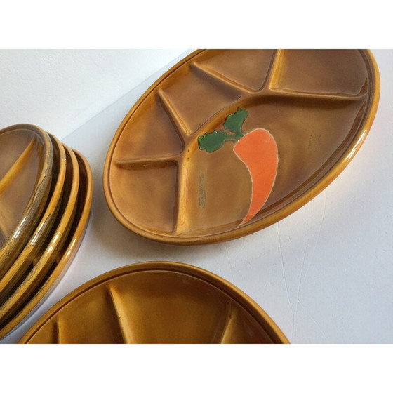 Image 1 of Set of 6 vintage enameled earthenware compartmentalized plates, 1970
