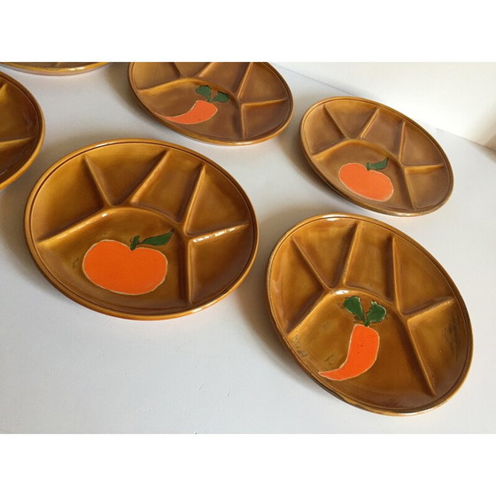 Image 1 of Set of 6 vintage enameled earthenware compartmentalized plates, 1970