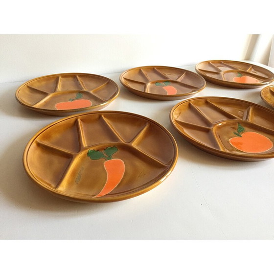 Image 1 of Set of 6 vintage enameled earthenware compartmentalized plates, 1970