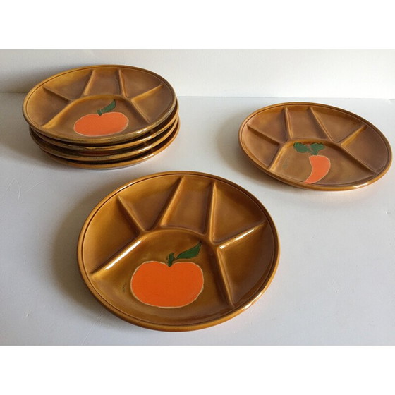 Image 1 of Set of 6 vintage enameled earthenware compartmentalized plates, 1970