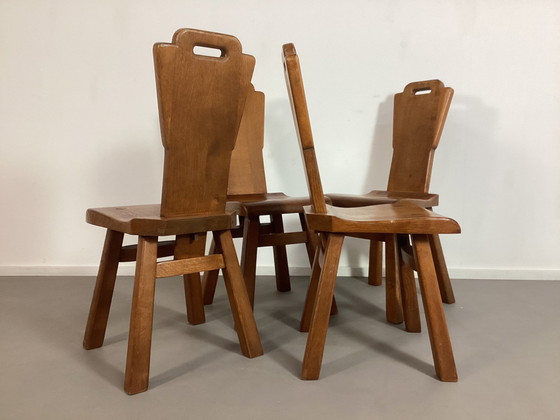 Image 1 of Set Of 4 Brutalist Oak Chairs Belgian Seventies