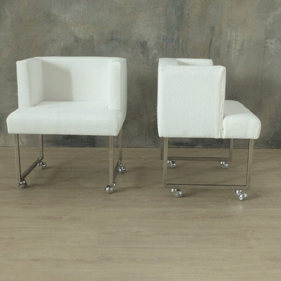 Image 1 of Set of 4 vintage white armchairs on casters, 1960