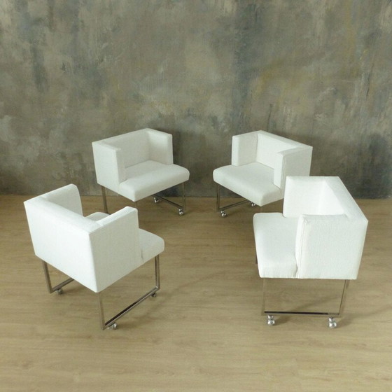 Image 1 of Set of 4 vintage white armchairs on casters, 1960