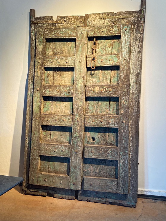 Image 1 of Massive Antique Indian Entrance Door Turquoise 