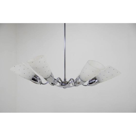 Image 1 of Vintage glass and chrome chandelier for Elektroinstala Decin, Czechoslovakia 1950
