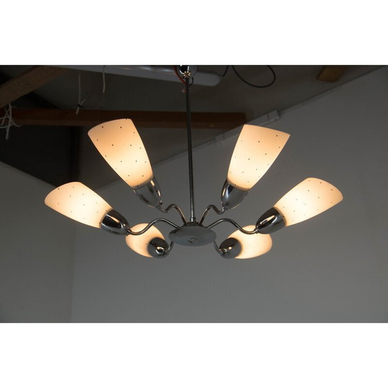 Image 1 of Vintage glass and chrome chandelier for Elektroinstala Decin, Czechoslovakia 1950