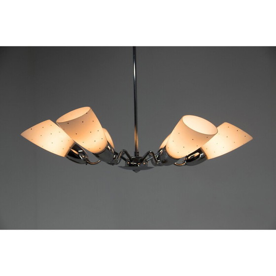 Image 1 of Vintage glass and chrome chandelier for Elektroinstala Decin, Czechoslovakia 1950