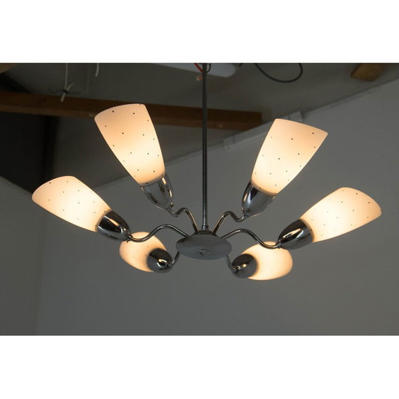 Image 1 of Vintage glass and chrome chandelier for Elektroinstala Decin, Czechoslovakia 1950