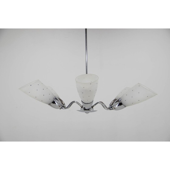 Image 1 of Vintage glass and chrome chandelier for Elektroinstala Decin, Czechoslovakia 1950