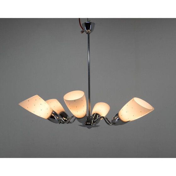 Image 1 of Vintage glass and chrome chandelier for Elektroinstala Decin, Czechoslovakia 1950