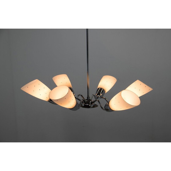 Image 1 of Vintage glass and chrome chandelier for Elektroinstala Decin, Czechoslovakia 1950
