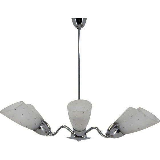 Image 1 of Vintage glass and chrome chandelier for Elektroinstala Decin, Czechoslovakia 1950