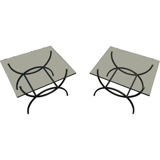 Pair of vintage end tables in black lacquered metal and glass, France 1950
