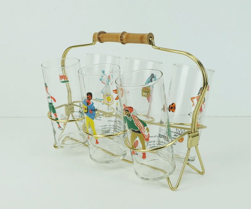 6 GLASSES in a brass frame with bamboo handle, 1950s. 