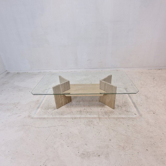 Image 1 of Vintage travertine and cut glass coffee table, Italy 1980