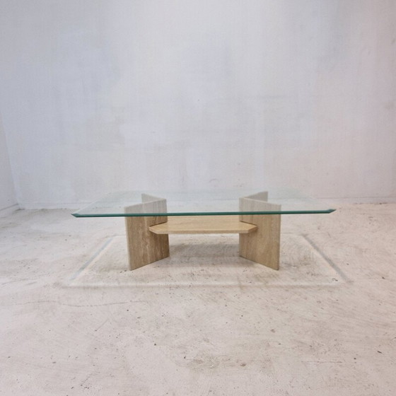 Image 1 of Vintage travertine and cut glass coffee table, Italy 1980