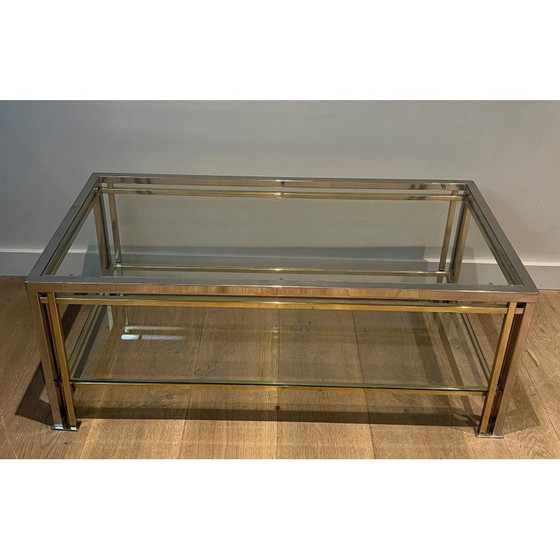 Image 1 of Modernist coffee table in chrome and gilt metal with triple feet. French work in the style of Willy Rizzo. Circa 1970