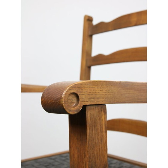 Image 1 of Set of 4 vintage oakwood armchairs with striped leatherette