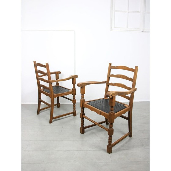 Image 1 of Set of 4 vintage oakwood armchairs with striped leatherette