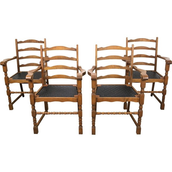 Image 1 of Set of 4 vintage oakwood armchairs with striped leatherette