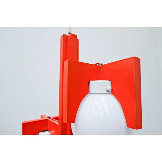 Image 1 of Vintage red lacquered wood and opaline pendant lamp, Italy 1970