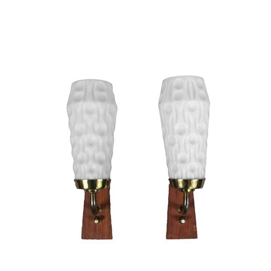Image 1 of Pair of vintage wall lamps with brass and opalin glass, Denmark 1960s
