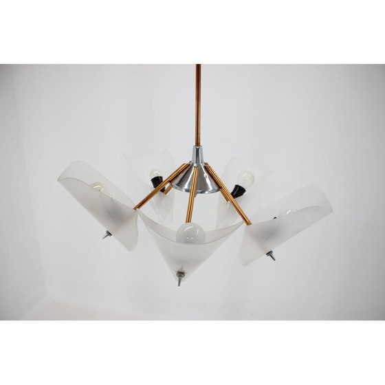 Image 1 of Vintage brass and plastic chandelier by Drukov, Czechoslovakia 1960
