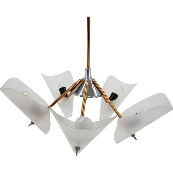 Image 1 of Vintage brass and plastic chandelier by Drukov, Czechoslovakia 1960