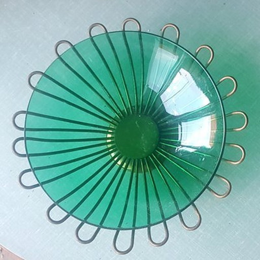 Green Glass Bowl With Brass Frame Vide Poche, 1950S