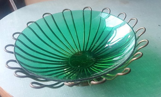 Green Glass Bowl With Brass Frame Vide Poche, 1950S