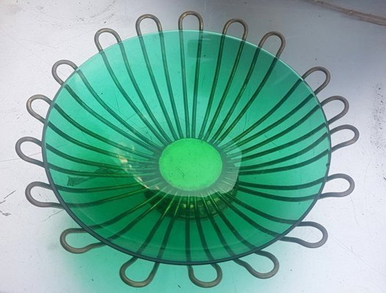 Image 1 of Green Glass Bowl With Brass Frame Vide Poche, 1950S