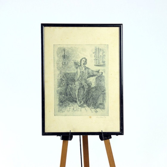 Image 1 of Vintage wall decoration of a boy waking up from his black wooden frame bed, Czechoslovakia