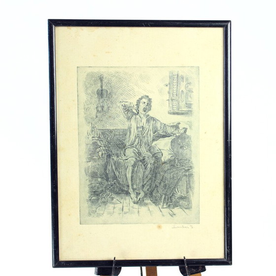 Image 1 of Vintage wall decoration of a boy waking up from his black wooden frame bed, Czechoslovakia